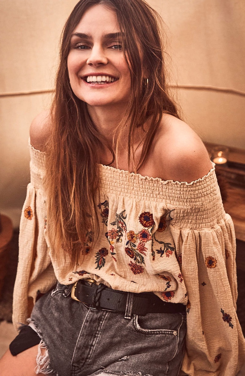 Free People Saachi Smocked Off the Shoulder Top $128 and Sashed & Relaxed Cutoff Denim Shorts $88