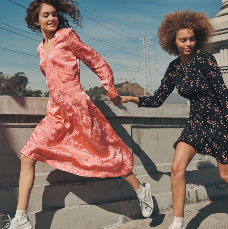 (Left) H&M Jacquard-Weave Dress and Sneakers (Right) H&M Patterned Dress