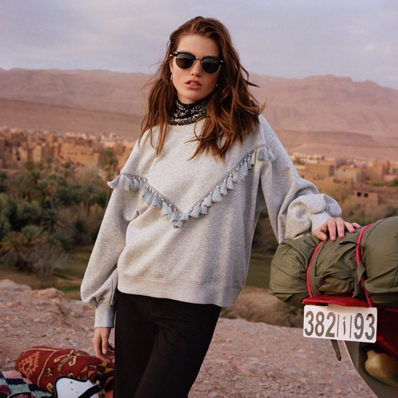 H&M Sweatshirt with Decorations, Wide-Cut Twill Pants, Sunglasses and Scarf/Hairband