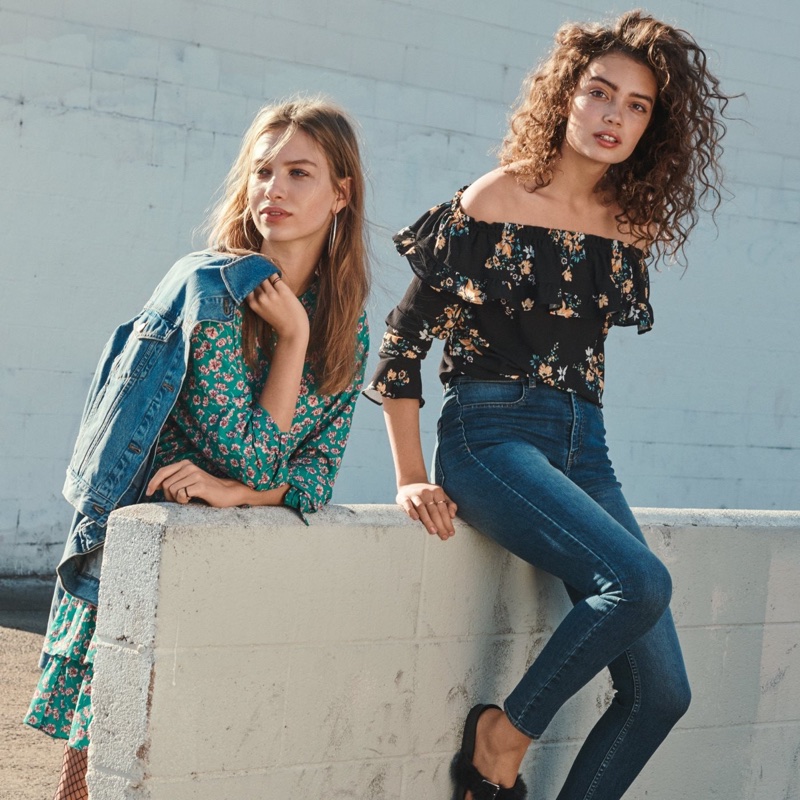 (Left) H&M Denim Jacket and Flounced Dress (Right) H&M Off-the-Shoulder Blouse