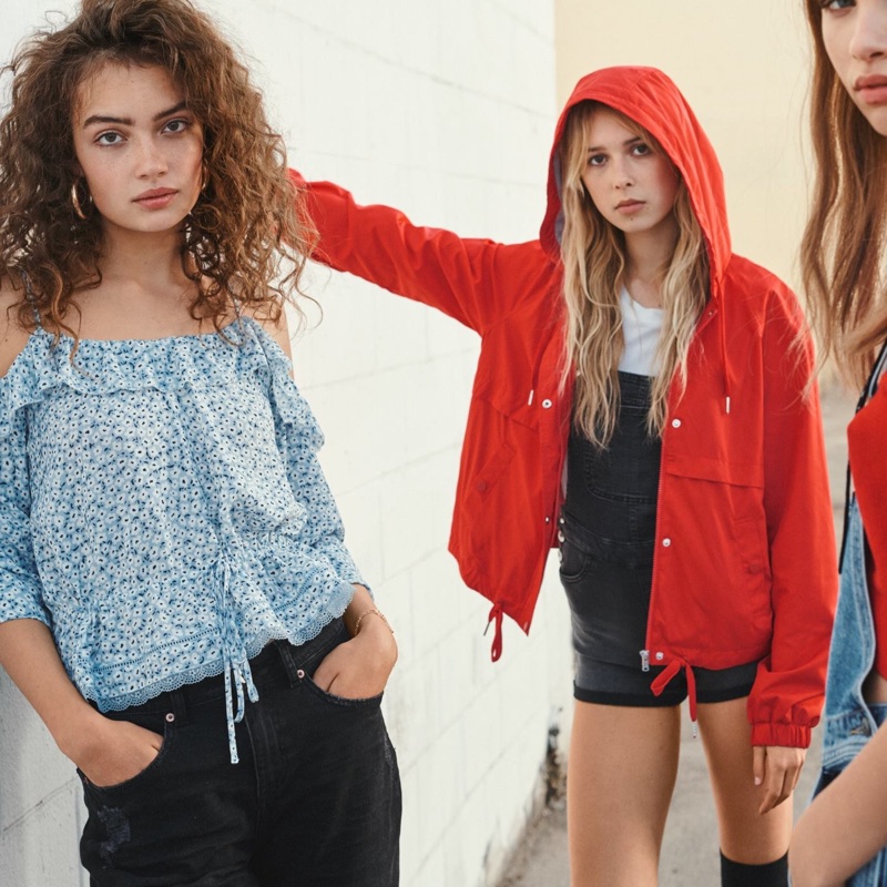 (Left) H&M Open-Shoulder Blouse and Knee-Length Denim Shorts (Right) H&M Hooded Jacket and Denim Bib Overall Shorts