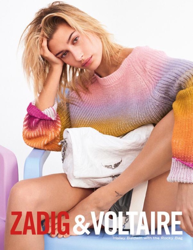 Model Hailey Baldwin poses with the Rocky bag in Zadig & Voltaire's spring-summer 2018 campaign
