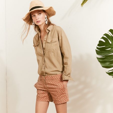 Miss Prints: J. Crew x SZ Blockprint's Chic Collaboration J. Crew Packable Straw Hat, Flower and Bead Chandelier Earrings, Fatigue Oversized Boy Shirt and SZ Blockprints for J. Crew Chino Short in Neon Patti Leaf