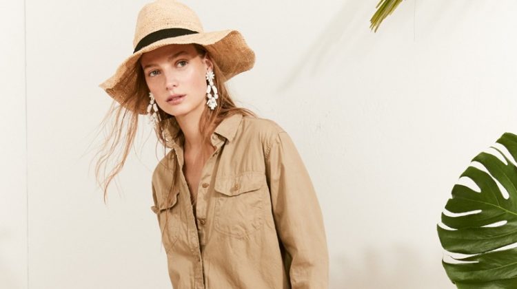 J. Crew Packable Straw Hat, Flower and Bead Chandelier Earrings, Fatigue Oversized Boy Shirt and SZ Blockprints for J. Crew Chino Short in Neon Patti Leaf