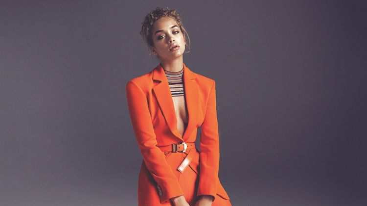 Jasmine Sanders Stars in Ocean Drive, Talks Friendship with Kendall & Gigi Suiting up, Jasmine Sanders poses in Versace blazer, belt, leggings and sandals