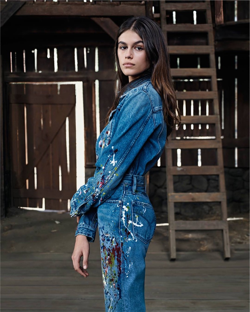 Model Kaia Gerber wears paint splattered denim in Calvin Klein Jeans #mycalvins Spring 2018 campaign