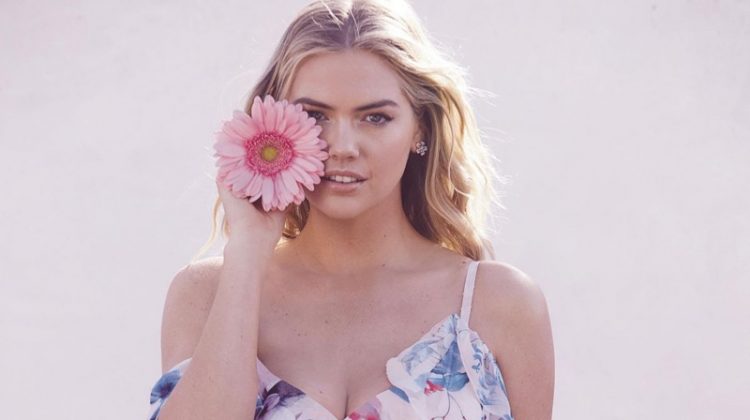 Posing in a floral print dress, Kate Upton fronts Lipsy's spring 2018 campaign