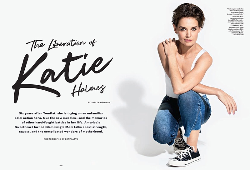 Actress Katie Holmes wears Hanro tank, FRAME jeans and Converse sneakers