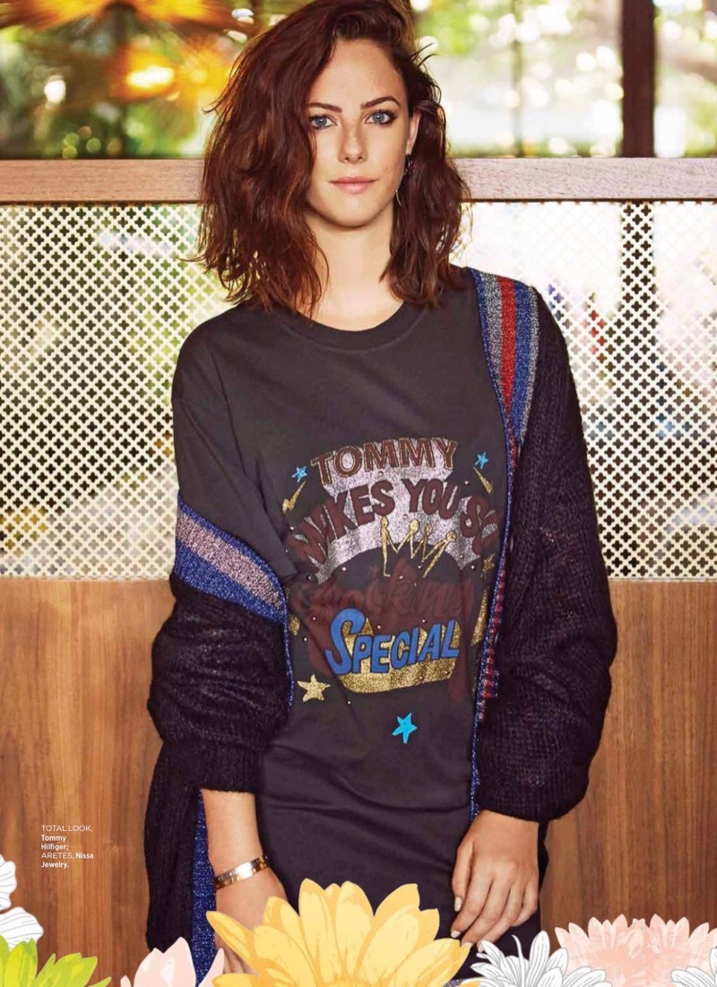 Kaya Scodelario poses in Tommy Hilfiger sweater and t-shirt 