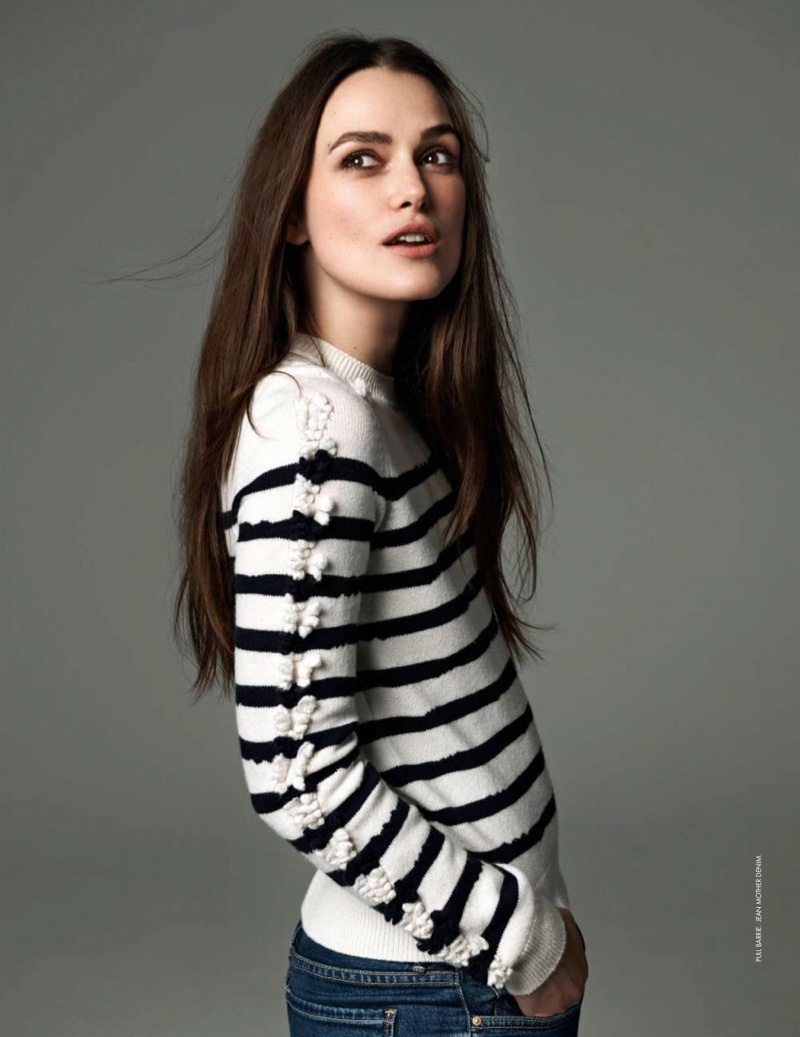 Keira Knightley wears Barrie sweater and MOTHER Denim jeans