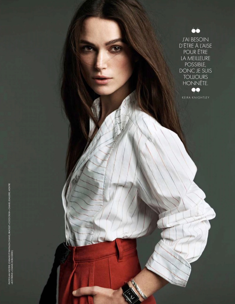 Keira Knightley poses in Chanel top and pants with Chanel jewelry