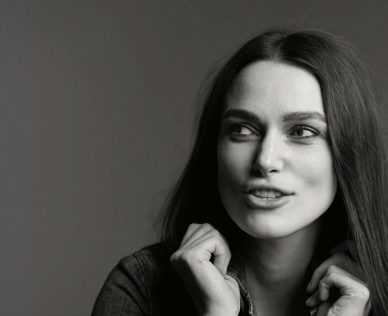 Photographed in black and white, Keira Knightley wears Weekend Max Mara jacket