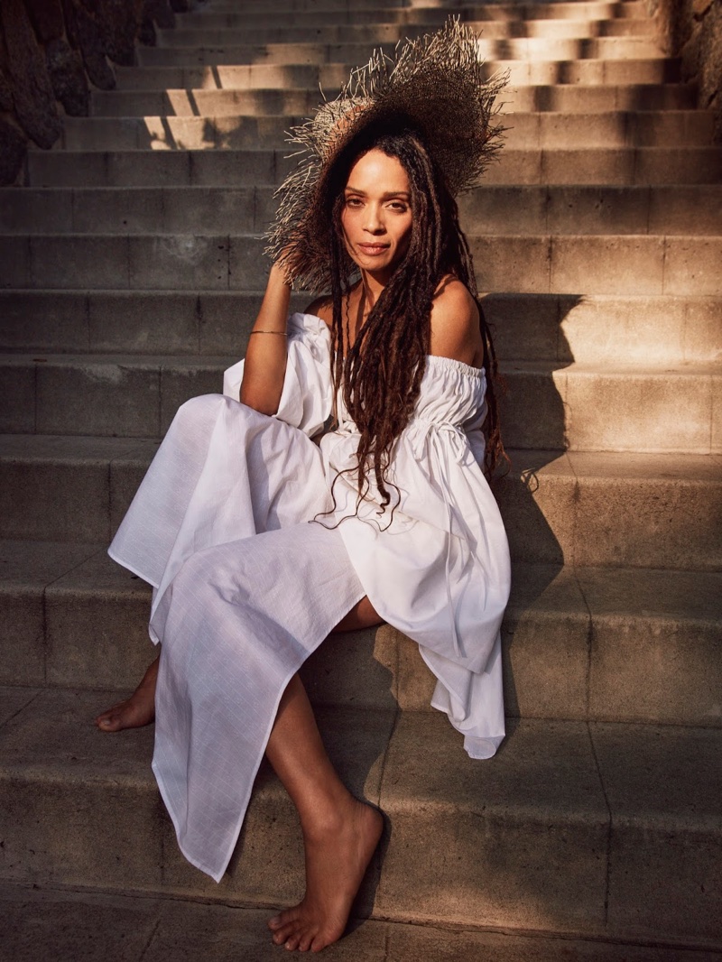 Actress Lisa Bonet wears Attico dress, Sensi Studio hat and Ippolita bracelet