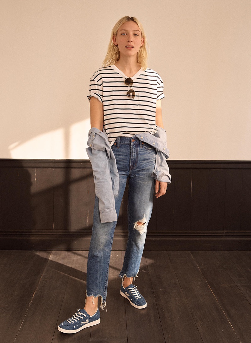 Madewell Easy Crop Tee in Wanda Stripe, Denim Western Shirt, The Perfect Summer Jean: Destructed Edition, Fest Aviator Sunglasses and Tretorn Nylite Plus Sneakers in Paint-Spattered Denim