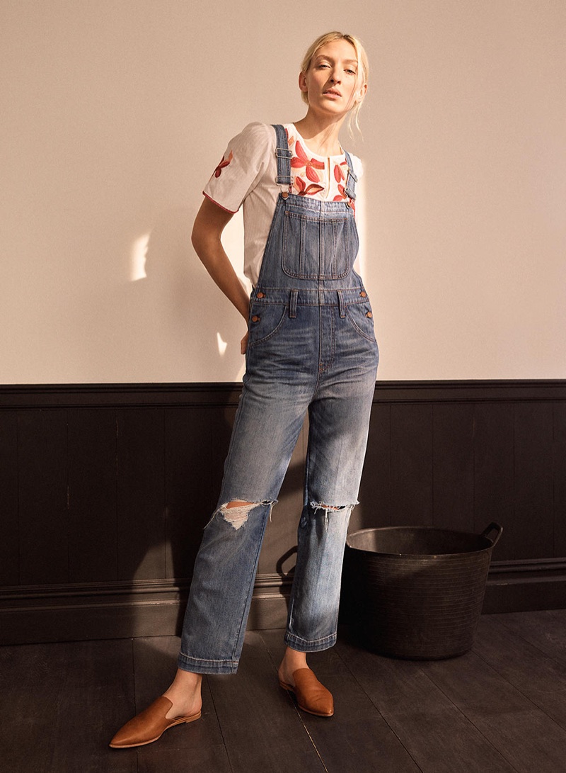 Madewell Embroidered Fable Top, Straight-Leg Overalls in Bernard Wash and The Gemma Mule in Leather