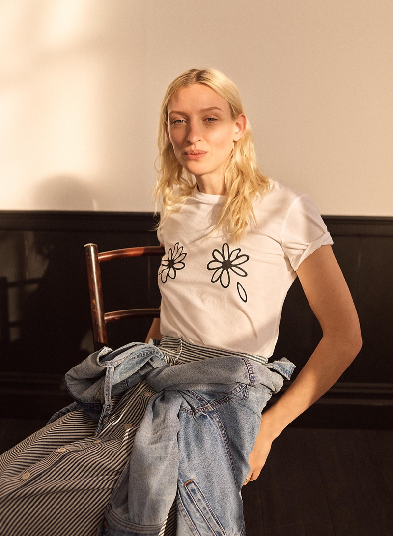 Madewell Daisies Tee, The Boxy-Crop Jean Jacket in Woodcourt Wash and Palisade Button-Front Midi Skirt in Chambray Stripe