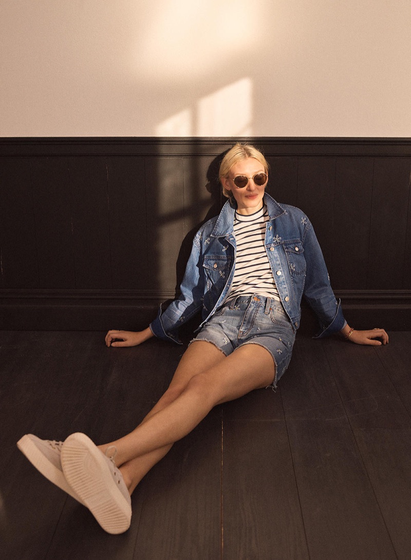 Madewell The Boxy-Crop Jean Jacket: Daisy Embroidered Edition, Mockneck Tank Top in Stripe, The Perfect Jean Short: Daisy Embroidered Edition, Fest Aviator Sunglasses and Tretorn Nylite Bold III Perforated Platform Sneakers