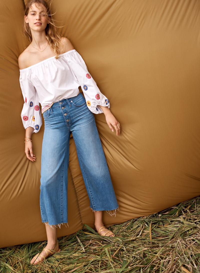 Madewell Embroidered Off-the-Shoulder Top, Wide-Leg Crop Jeans: Button-Front Edition and The Boardwalk Multistrap Sandal