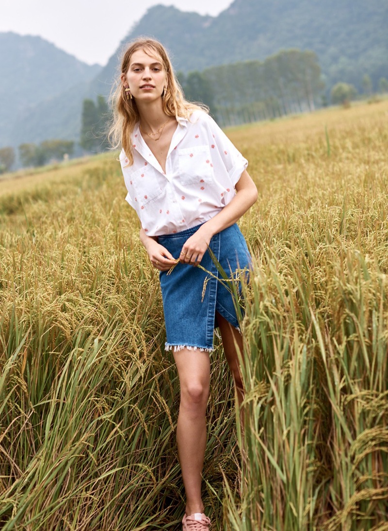 Madewell Embroidered Daisy Courier Shirt, Denim Wrap Mini Skirt and Mixed-Metal Enamel Earrings