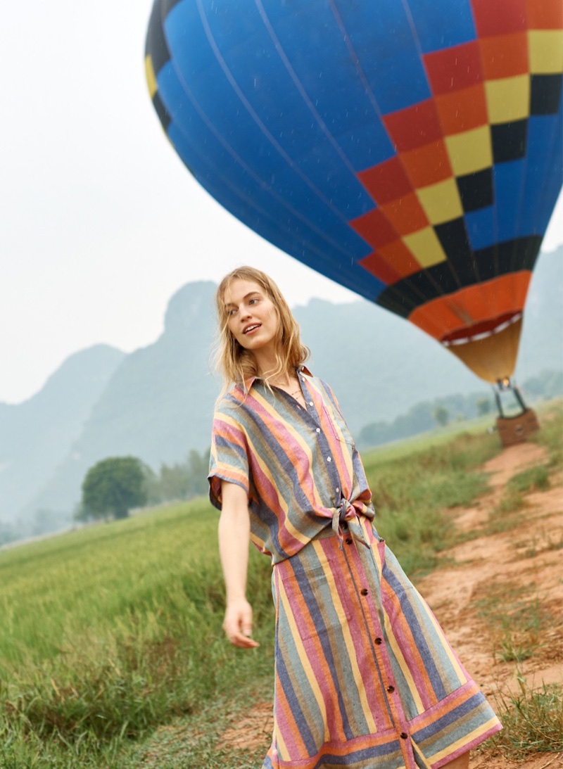 Madewell Short-Sleeve Tie-Front Shirt and Rainbow Stripe Midi Skirt