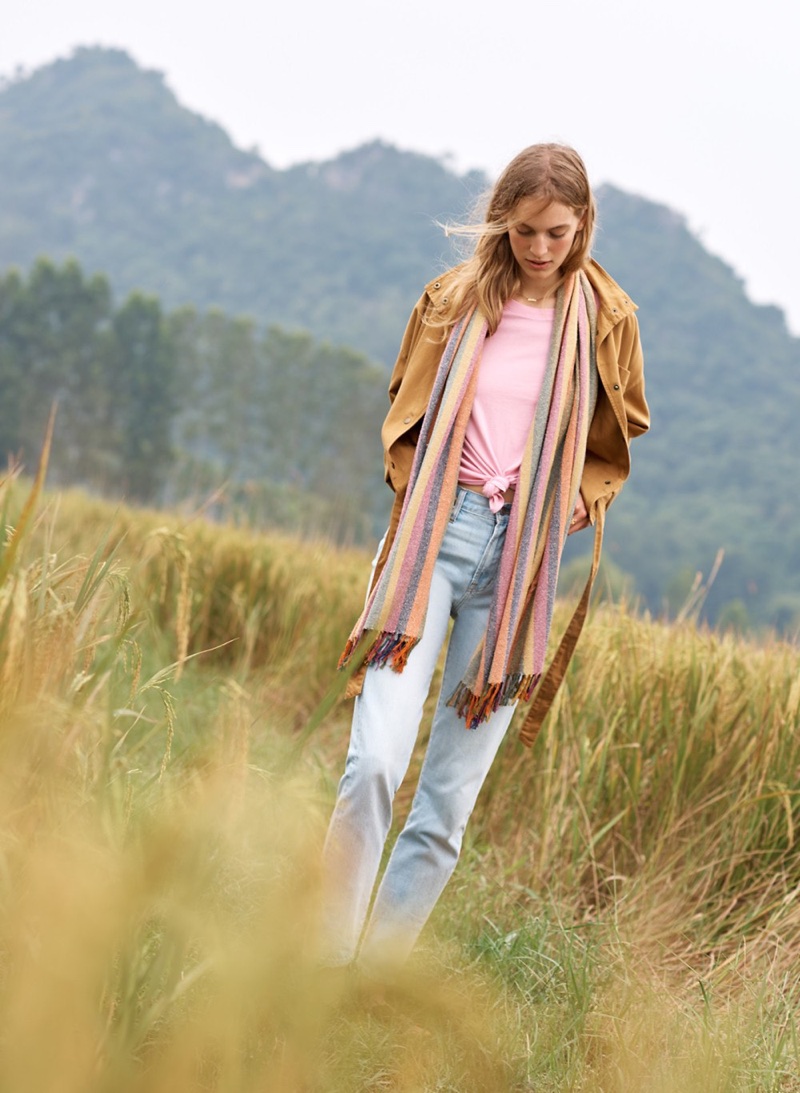 Madewell Southlake Military Jacket, Knot-Front Tee, The Perfect Summer Jean in Fitzgerald Wash and Rainbow Stripe Cape Scarf