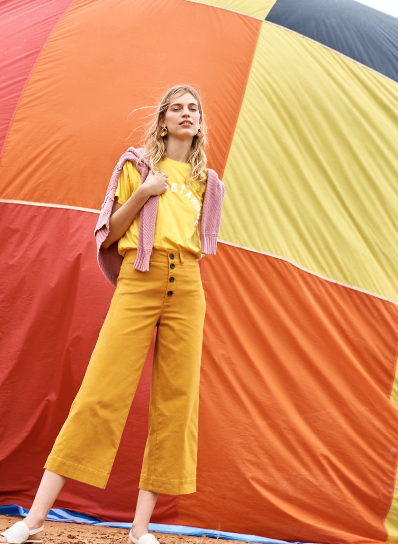 Madewell x Club Petanque Universite Tee, Zigzag-Stitch Pullover Sweater, Emmett Wide-Leg Crop Pants: Button-Front Edition and The Noelle Slingback Sandal in Leather