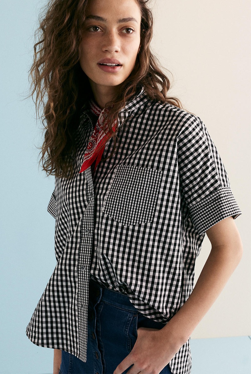 Madewell Gingham-Play Button-Down Shirt and Denim Bayview Tiered Midi Skirt