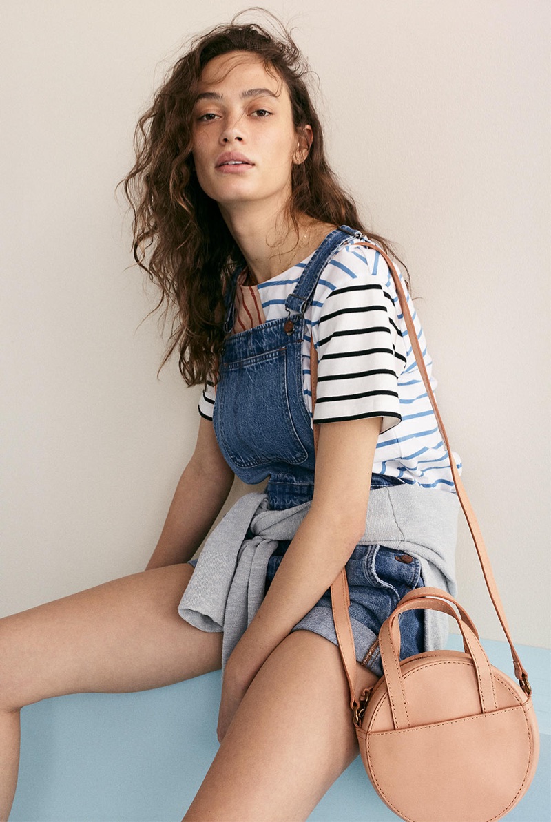 Madewell Short Overalls, Easy Crop Tee in Stripe Mix and The Juno Circle Crossbody Bag