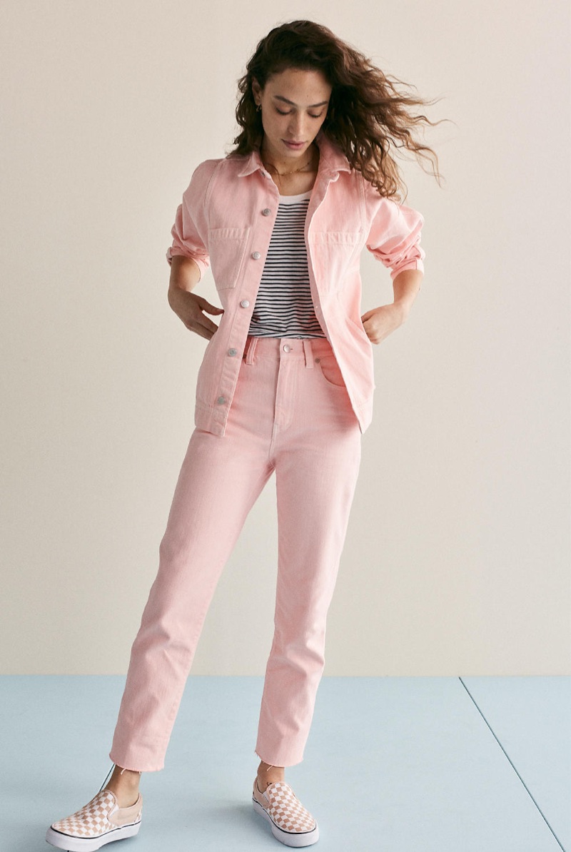 Madewell Denim Jacket, Garment-Dyed Straight-Leg Jeans and Vans Classic Slip-On Sneakers in Checkerboard Canvas