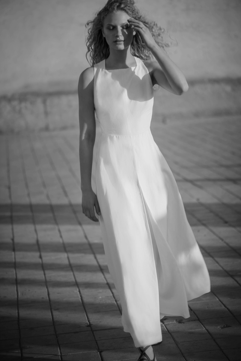 Model Frederikke Sofie wears white dress for Massimo Dutti 'Les Voyageurs' lookbook