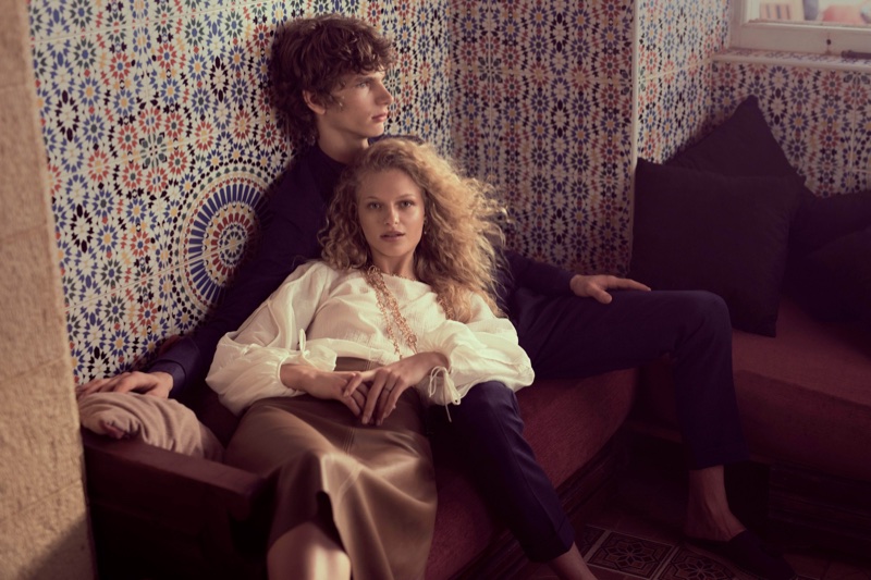 Frederikke Sofie poses with Erik van Gils for Massimo Dutti 'Les Voyageurs' lookbook