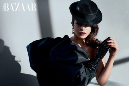Priyanka Chopra Poses in Luxe Styles for Harper's Bazaar Arabia Actress Priyanka Chopra wears Saint Laurent dress, hat and earrings with LaCrasia gloves