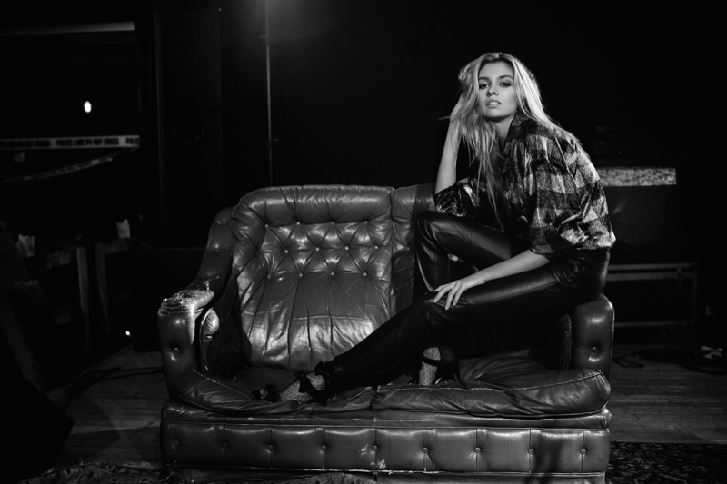 Stella Maxwell wears plaid shirt and leather pants in Redemption's spring-summer 2018 campaign