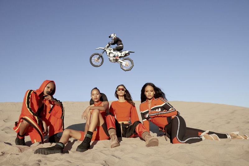 Rihanna poses with Slick Woods, Selena Forrest and Yasmin Wijnaldum for Fenty PUMA spring 2018 campaign