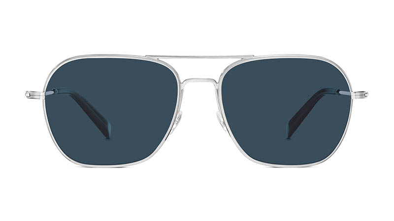 Warby Parker Abe Sunglasses in Polished Silver with Vintage Blue Lenses $145