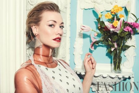 The Handmaid's Tale Star Yvonne Strahovski Gets Glam in FASHION Magazine Actress Yvonne Strahovski wears Valentino dress, House of Etiquette top and Emporio Armani earrings