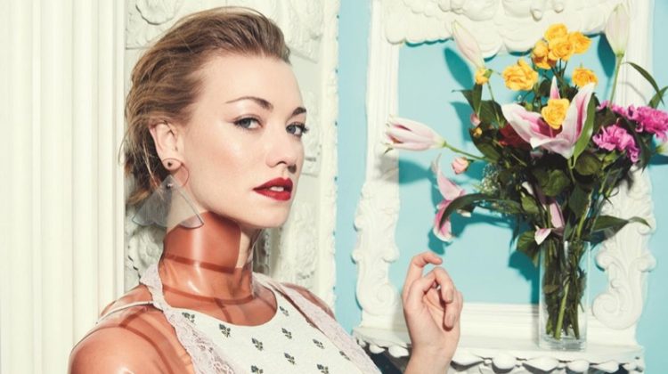 Actress Yvonne Strahovski wears Valentino dress, House of Etiquette top and Emporio Armani earrings