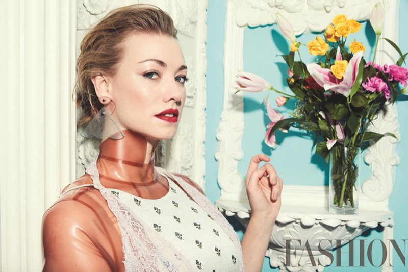 Actress Yvonne Strahovski wears Valentino dress, House of Etiquette top and Emporio Armani earrings