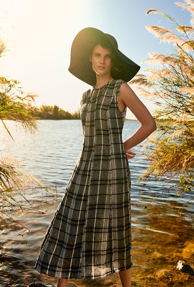 Zara Checked Linen Dress and Wide-Brim Sun Hat