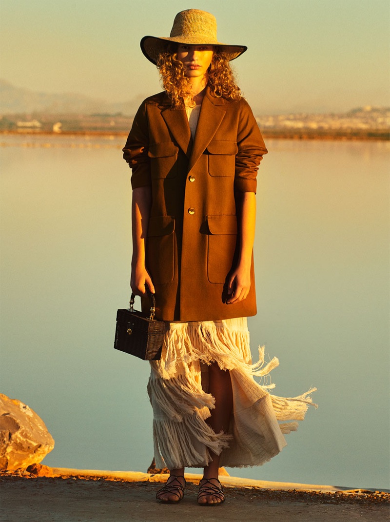 Zara Linen Coat, Fringed Skirt and Minaudière Bag with Braided Handle