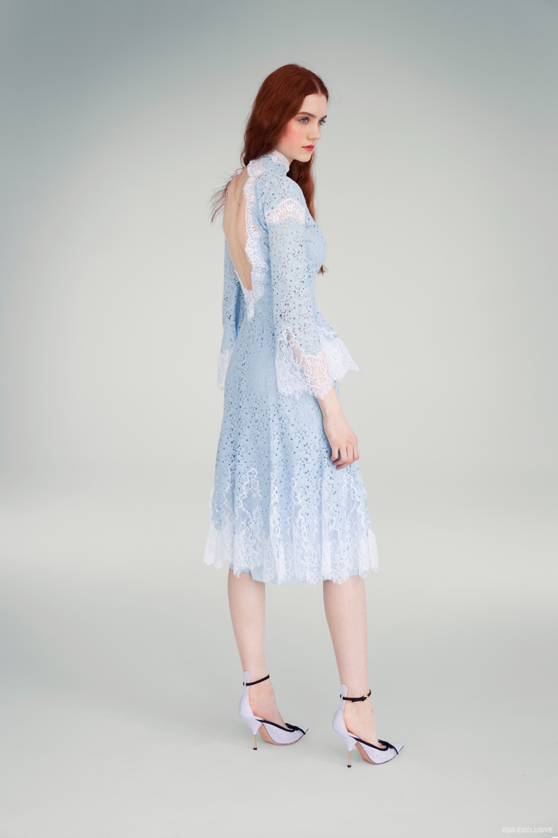 Blumarine Blue White Lace Dress, Kenneth Jay Lane Pearl Ring and Rochas­ Shoes 