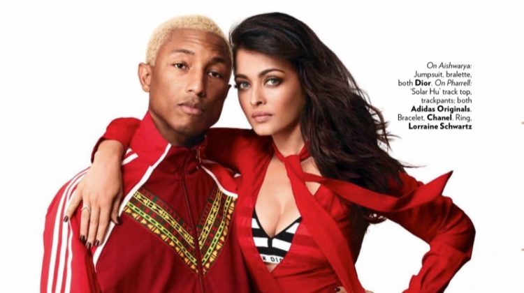 Posing with Pharrell Williams, Aishwarya Rai wears Dior jumpsuit and bralette