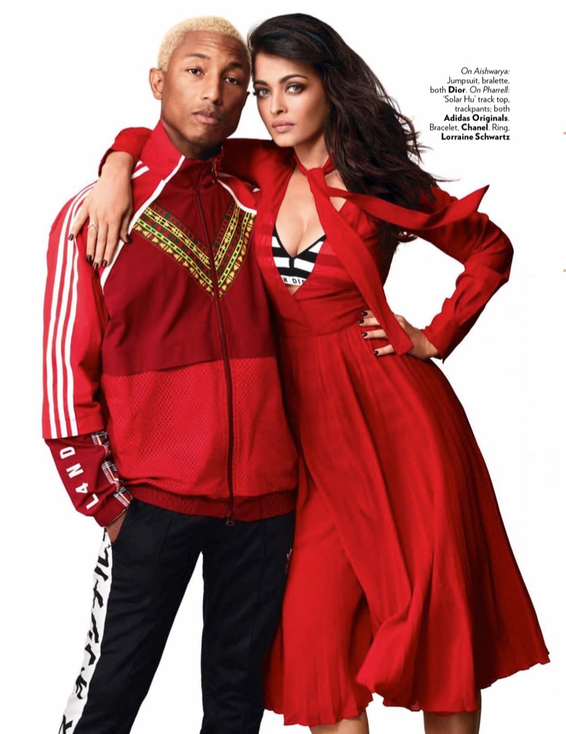 Posing with Pharrell Williams, Aishwarya Rai wears Dior jumpsuit and bralette