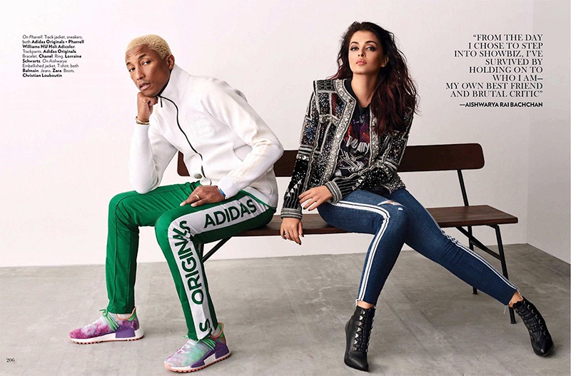 Posing alongside Pharrell Williams, Aishwarya Rai wears Balmain t-shirt and jacket with Zara jeans and Christian Louboutin boots