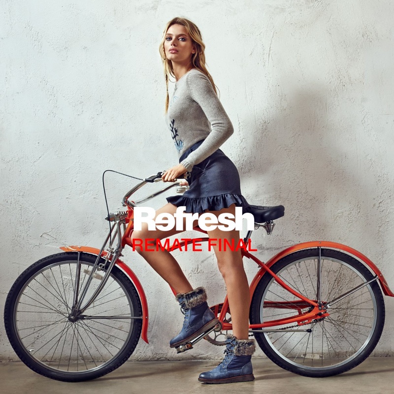 Posing next to a bike, Bregje Heinen fronts Refresh Shoes' spring-summer 2018 campaign