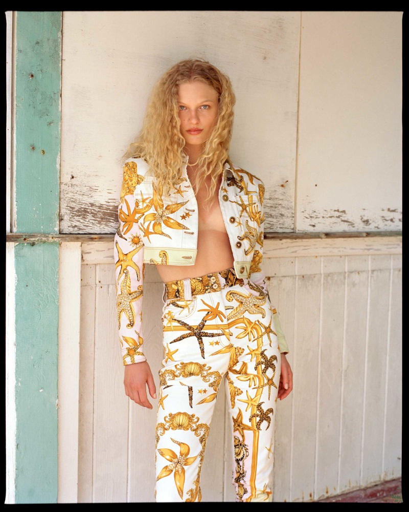 Model Frederikke Sofie wears Versace jacket and pants for Browns spring-summer 2018 campaign
