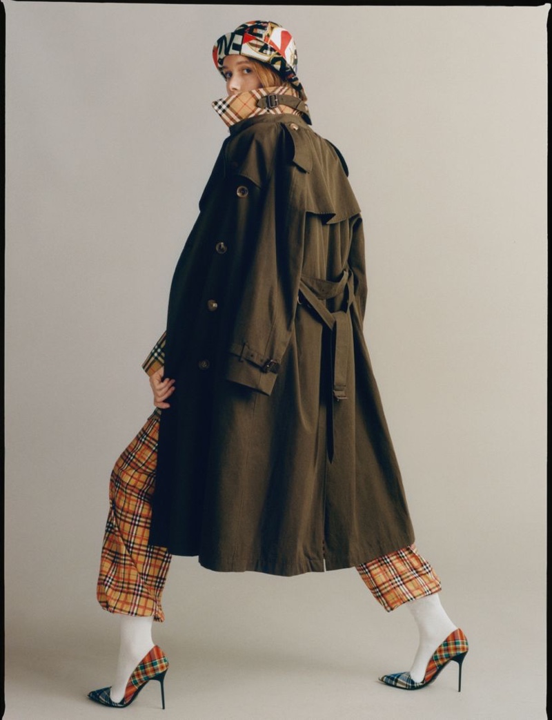 Cosima models Burberry The Westminster Coat and Tartan Cotton Pumps