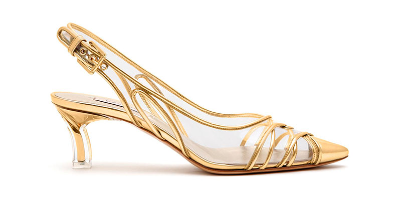 Casadei Kitten Plexi Blade Heels in Gold $870