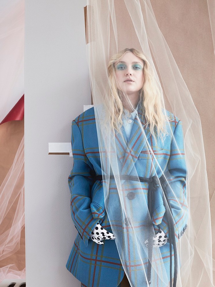 Dakota Fanning wears windowpane print coat