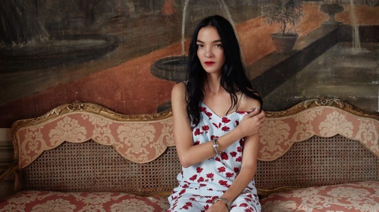 Mariacarla Boscono poses in floral print dress for Equipment's spring-summer 2018 campaign